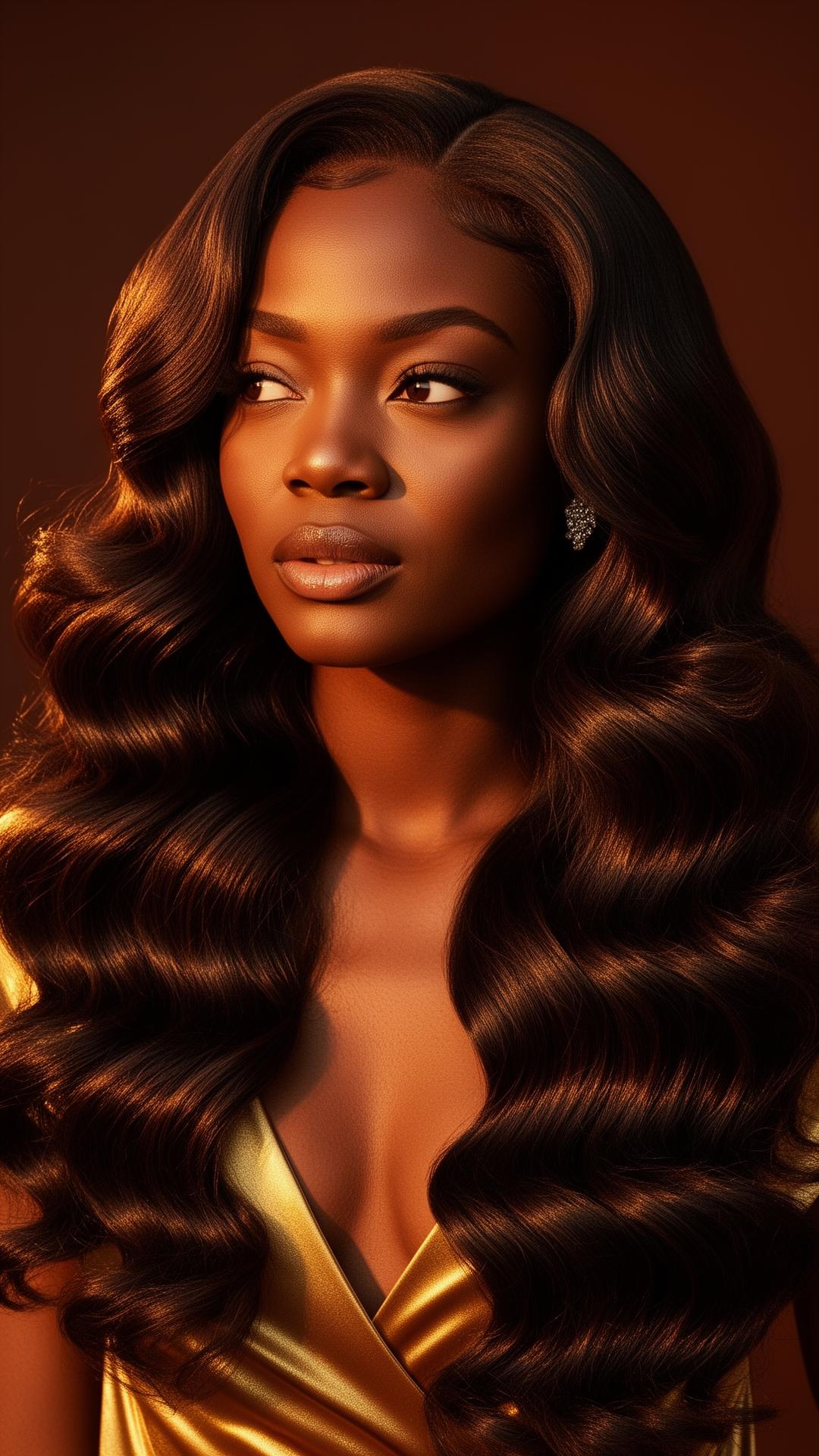 Model wearing luxury body wave hair extensions